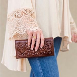 🌼Three Bird Nest Brown Leather Floral Wallet